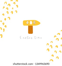Cute doodle easter card, postcard, tag, poster with wooden arrow, chicken eggs, abstract elements. Funny holiday  background in childish style