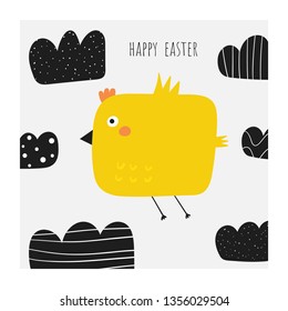 Cute doodle easter card, postcard, tags, poster with yellow chicken flying in the cloudy sky. Funny holiday illustration in childish style