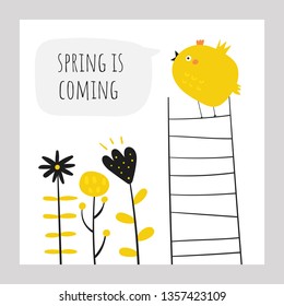 Cute doodle easter card, postcard, tags, poster with yellow chicken singing a son, flowers, plants, text space Funny holiday illustrations in childish style