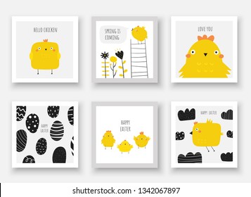 Cute doodle easter cards, postcards, tags, posters with eggs, chicken, flowers, ladder, clouds, sky. Funny black and yellow holiday illustrations in childish style