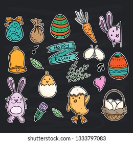 cute doodle easter icons with rabbit chicks and egg on chalkboard background