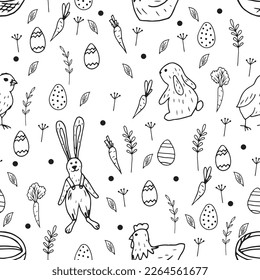 Cute doodle Easter pattern with animals, flowers, basket, easter eggs, simnel and other spring holiday things. Hand drawn vector illustration for greeting cards, posters and seasonal design