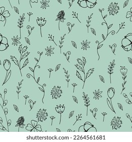 Cute doodle Easter pattern with animals, flowers, basket, easter eggs, simnel and other spring holiday things. Hand drawn vector illustration for greeting cards, posters and seasonal design