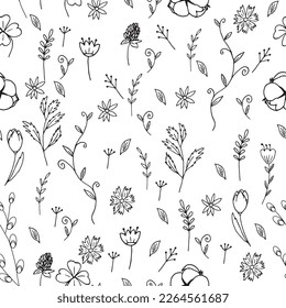 Cute doodle Easter pattern with animals, flowers, basket, easter eggs, simnel and other spring holiday things. Hand drawn vector illustration for greeting cards, posters and seasonal design