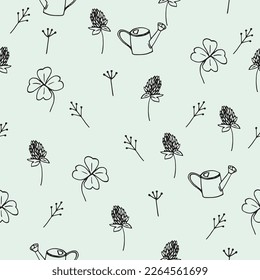 Cute doodle Easter pattern with animals, flowers, basket, easter eggs, simnel and other spring holiday things. Hand drawn vector illustration for greeting cards, posters and seasonal design