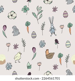Cute doodle Easter pattern with animals, flowers, basket, easter eggs, simnel and other spring holiday things. Hand drawn vector illustration for greeting cards, posters and seasonal design