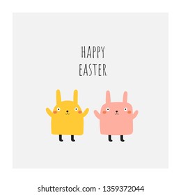 Cute doodle easter,spring card, postcard, tag, poster with rabbits, lettering quote. Funny yellow and pink holiday illustration in childish style