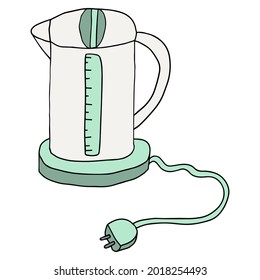El hervidor eléctrico de doodle lindo aislado de fondo blanco. Equipamiento de cocina.