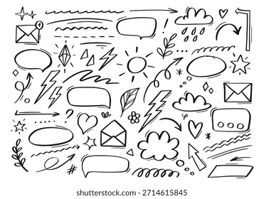 Linda colección de elementos doodle con burbujas de discurso dibujadas a mano, estrellas y rayos en estilo de boceto. Conjunto de iconos decorativos, garabatos, símbolos gráficos. Decoraciones de Vector aisladas en blanco.