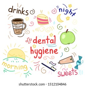 cute doodle elements about dental care and hygiene, cartoon drawing, for kids dental cabinet or books illustration with sweets and drinks, editable vector illustration