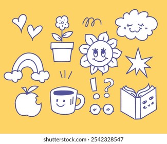 Cute Doodle Elements Collection Happy Sunshine, Clouds, and Fun Objects, Isolated Doodle Clipart, Vector Illustration.