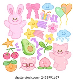 Cute doodle elements of rabbit, butterfly, cat, cherry, avocado, peach, pink ribbon, cloud, flower, shooting star, balloon for animal sticker, fruit icon, food logo, picnic, summer, pet, clip arts, ad