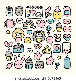 cute doodle elements with rainbow and cake vector design set