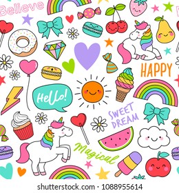 Cute doodle elements seamless pattern on white background