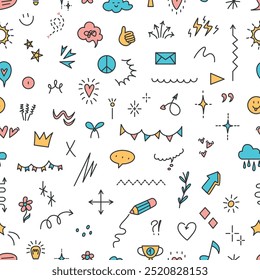 Cute doodle elements seamless pattern. Hearts lamp bulb arrows stripes sun rays garlands. Simple objects fabric print design, vector background
