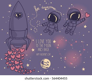 Cute doodle elements for valentine's day: moon, stars, astronauts floating in space and rocket, cosmic vector illustration