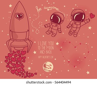 Cute doodle elements for valentine's day: moon, stars, astronauts floating in space and rocket, cosmic vector illustration