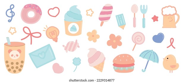 Cute doodle elements vector set. Pastel color collection of donut, ice cream, burger, flower, bubble milk tea, lollipop, candy, letter isolated on white background. Design for sticker, comic, print.