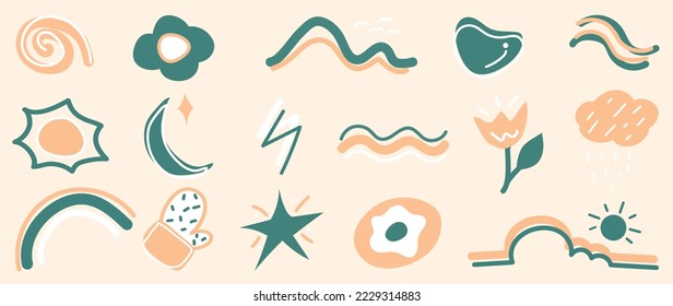 Cute doodle elements vector set. Hand drawn pastel color scribble doodle collection of curve, wave, flower, glove, sky, star, crescent moon, rainbow. Design illustration for sticker, comic, print.