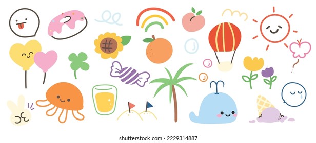 Cute doodle elements vector set. Hand drawn vibrant color collection of donut, smile balloons, whale, sun, orange, candy, scribble isolated on white background. Design for sticker, comic, print.