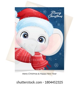 Cute doodle elephant for christmas with watercolor illustration