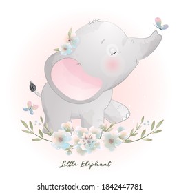 Cute doodle elephant with floral illustration