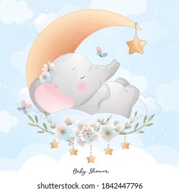 Cute doodle elephant and floral illustration