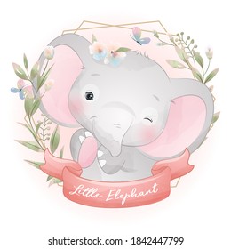 Cute doodle elephant with floral illustration