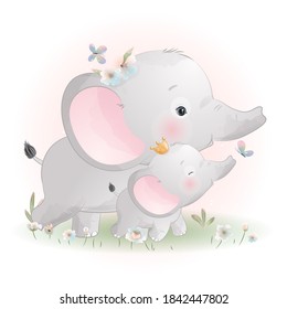 Cute doodle elephant with floral illustration