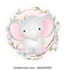 Cute doodle elephant and floral illustration