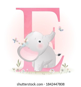 Cute doodle elephant with floral illustration