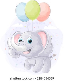 Cute doodle elephant flying using balloon with watercolor illustration