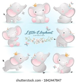 Cute doodle elephant poses with floral illustration