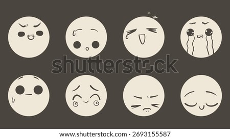 Cute doodle emoji face set. Different anime faces stickers. Manga style vector illustration