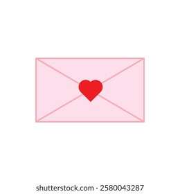 Cute doodle envelope with a red heart. Valentines Day single element. Isolated on white. Cartoon style love letter concept.