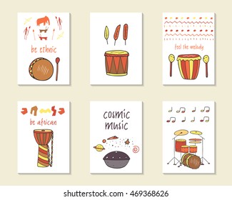 Cute doodle ethnic musical cards, brochures, invitations with drums including hang, djembe, indian drum, shaman drum, modern drums. Cartoon characters, objects background. Printable templates set