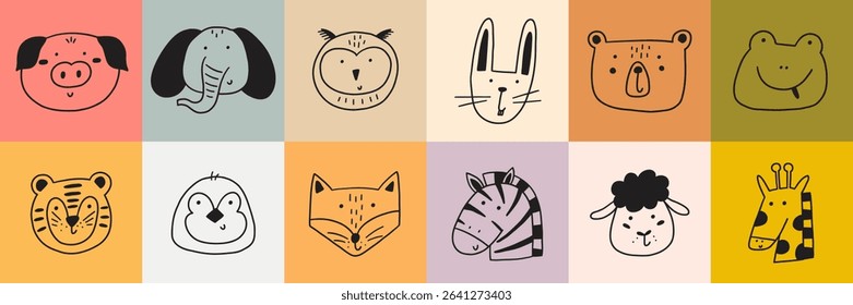 Cute doodle face baby animal print. Cartoon character animal kid poster set. Vector illustration