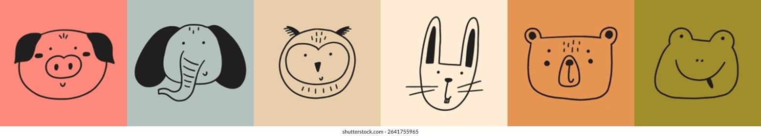 Cute doodle face baby animal square print. Cartoon character animal kid poster set. Vector illustration