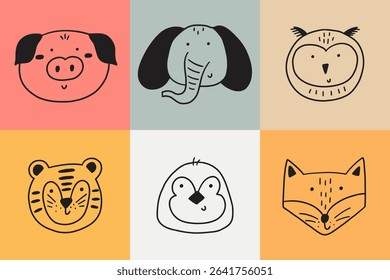 Cute doodle face baby animal square scandinavian print. Cartoon character animal kid poster set. Vector illustration