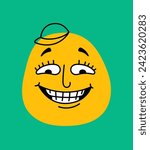 Cute doodle face concept. Emotions, feelings and facial expressions. Abstract creativity and art. Positivity and optimism. Simple flat vector illustration isolated on green background