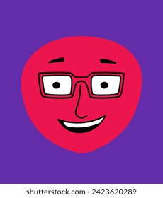 Cute doodle face concept. Emotions, feelings and facial expressions. Abstract creativity and art. Character in glasses. Simple flat vector illustration isolated on violet background