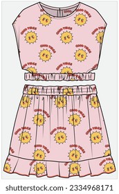 CUTE DOODLE FACE DIGITAL PRINT MAGYAR SLEEVES CUT OUT DETAIL WOVEN CROP TOP PAIRED WITH RUFFLE ELASTICATED SKIRT COORDINATE SET DESIGNED FOR TEEN GIRLS AND KID GIRLS IN EDITABLE FILE