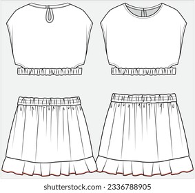 CUTE DOODLE FACE DIGITAL PRINT MAGYAR SLEEVES CUT OUT DETAIL WOVEN CROP TOP PAIRED WITH RUFFLE ELASTICATED SKIRT COORDINATE SET DESIGNED FOR TEEN GIRLS AND KID GIRLS IN EDITABLE FILE