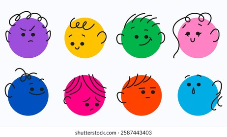 Cute doodle face set. Diferrent funny faces stickers. Modern isolated vector illustration.