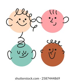 Cute doodle face set. Diferrent funny faces stickers. Modern isolated vector illustration.
