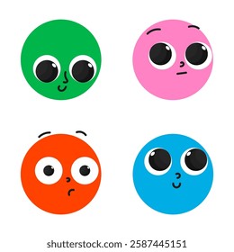 Cute doodle face set. Diferrent funny faces with big eyes. Modern isolated vector illustration.