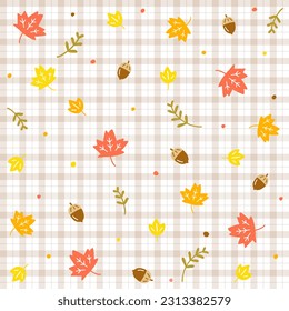 Cute Doodle Caída Otoño Ditsy Acorn Oak Dry Leaf Rojo Ropa De Maple Confetti Sprinkle Caricatura Color Naranja Rojo Marrón Gingham Scott Pescado Tartán Sin Marea Fondo