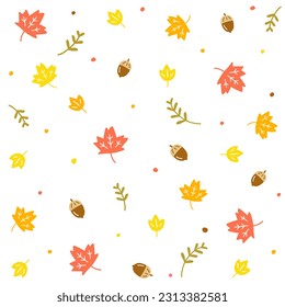 Cute Doodle Fall Autumn Ditsy Acorn Oak Dry Leaf Red Maple Leaf Branch Confetti Sprinkle dot Abstract Hand Drawing Cartoon Color Orange Yellow Red Seamless Pattern Warm Fall Autumn Season Background 