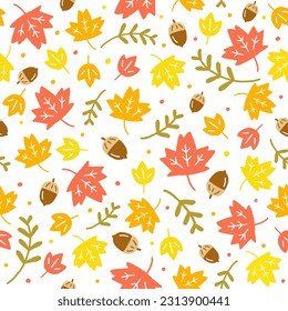 Cute Doodle Herbst Ditsy Acorn Eiche roter Ahornholz-Blätter Verzweigung Confetti Sprinkle Punkt abstrakte Hand Zeichnen Cartoon Farbe orange gelbes, nahtloses Muster Warme Herbstsaison Hintergrund 