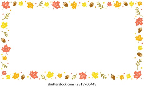 Cute Doodle Fall Autumn Ditsy Acorn Oak Dry Leaf Red Maple Leaf Branch Confetti Sprinkle Abstract Hand Drawing Cartoon Color Orange Yellow Red Rectangle Card Border Frame Template Banner Copy Space